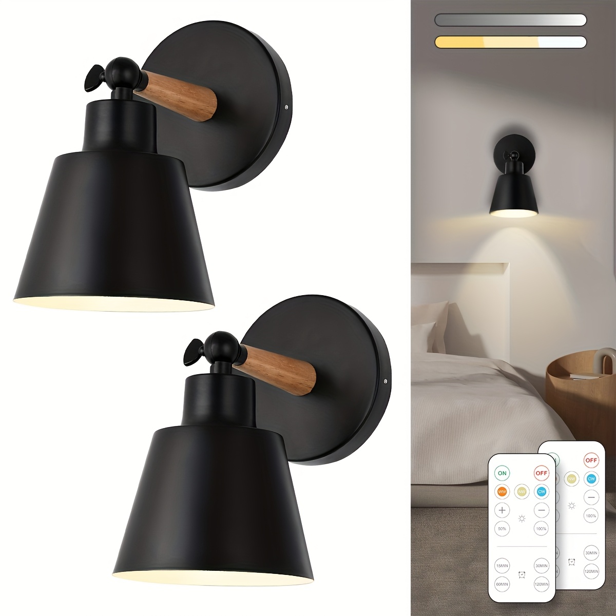 2-Pack 29” Battery Wall Sconce Set – Wireless, 350° Rotatable, Dimmable, Remote Control, 10000mAh USB Rechargeable