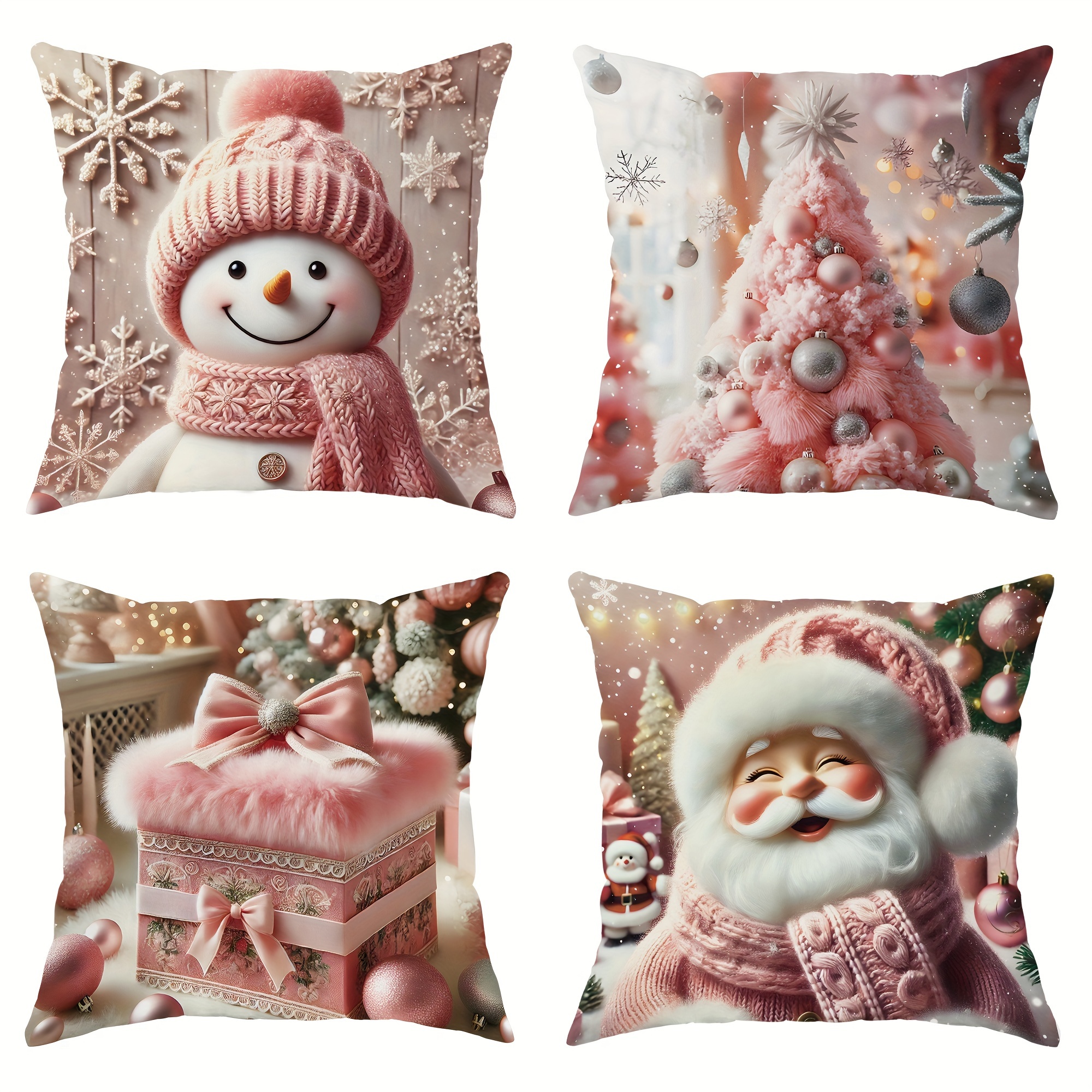 

4-pack Christmas Snowman And Tree Velvet Throw Cushion Covers, Contemporary Cozy Soft Decorative Cases, One-sided Print, Machine Washable, Zippered, For Sofa And Living Room, 18x18 Inches - No Inserts