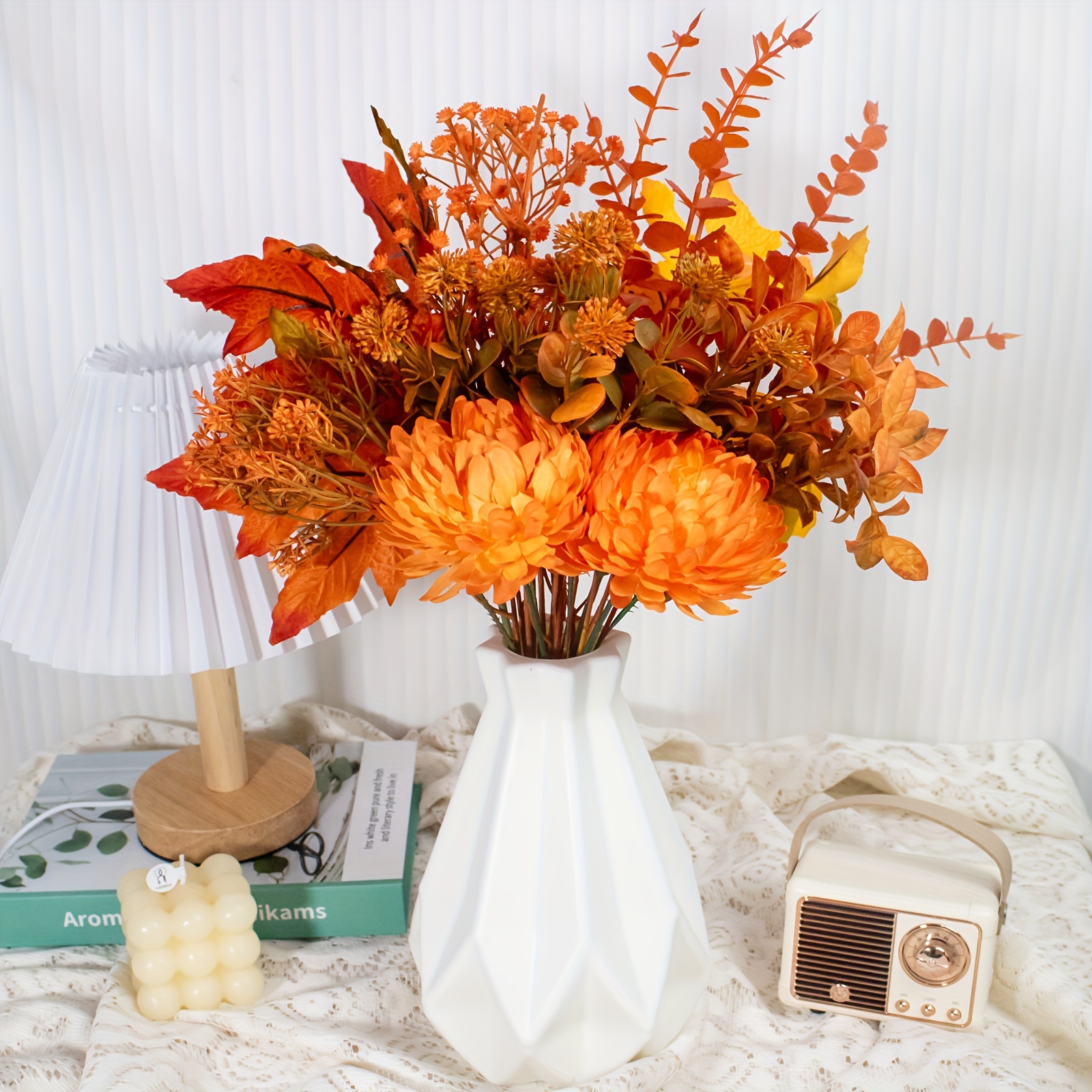 

Festive Orange Artificial Plant Bouquet - Home Decor, , Office Desk, Dining Table, Living Room, Bedroom - Suitable For , Fall, Christmas, Thanksgiving - Battery-free, Plug-and-play
