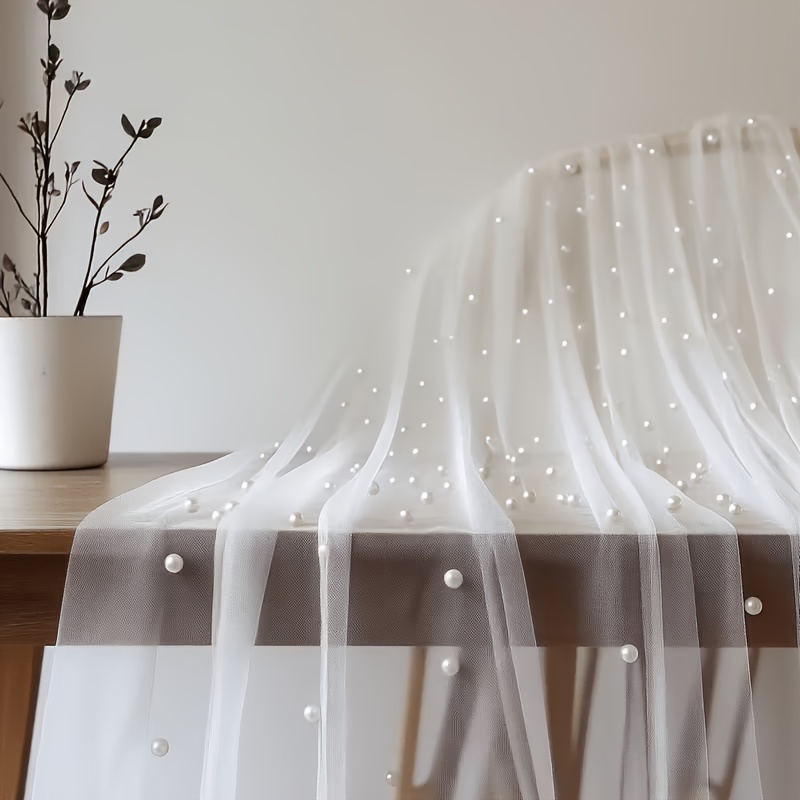 TEMU 300cm Long White Delicate And Romantic Pearl-beaded Chiffon Tablecloth | Suitable For Valentine's Day, Wedding, Anniversary, And First-communion