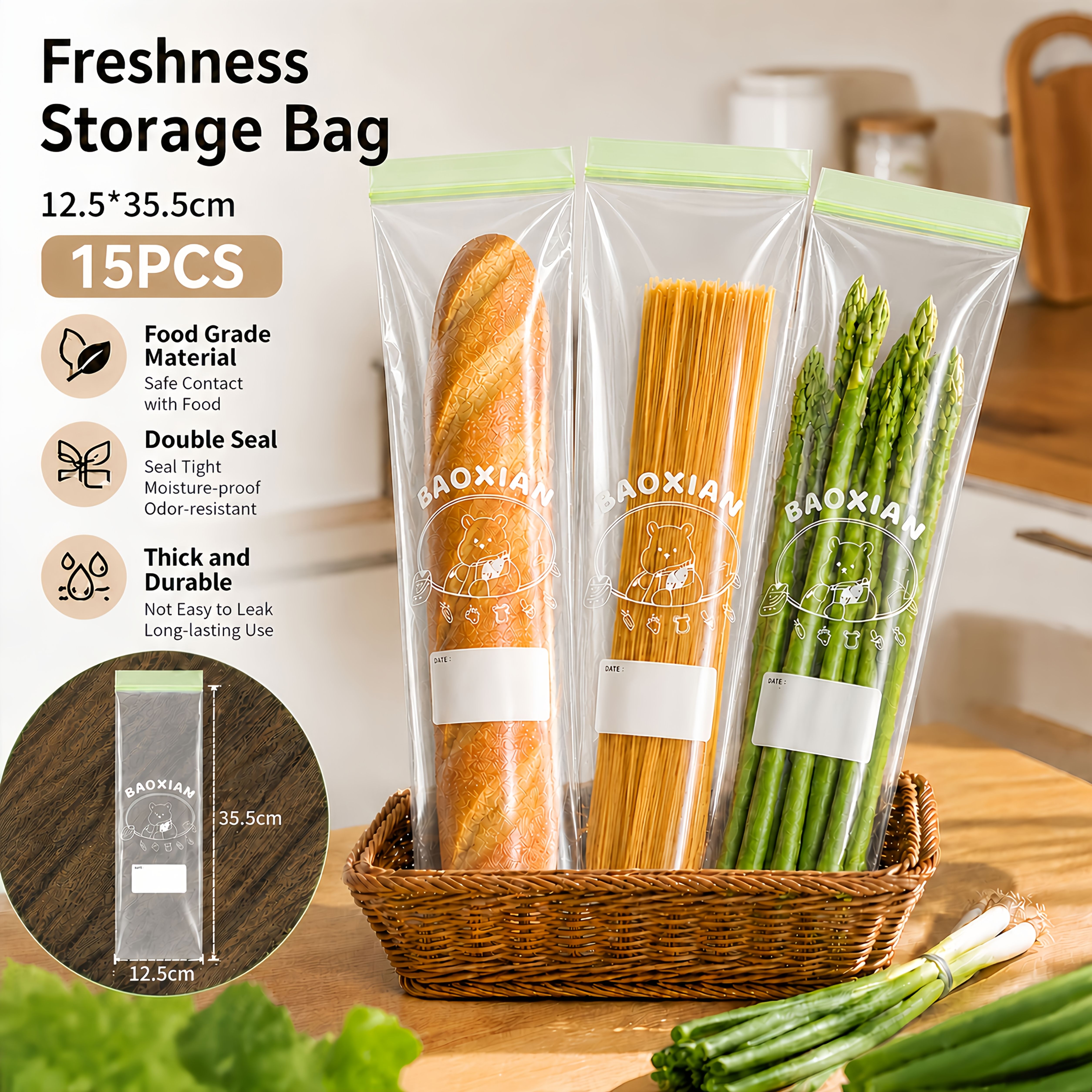 TEMU 15pcs Long Fruit And Vegetable Fresh-keeping Sealing Bags - Thickened Double-zipper Food Bags, Food-grade Leak-proof Self-sealing Bags, Reusable