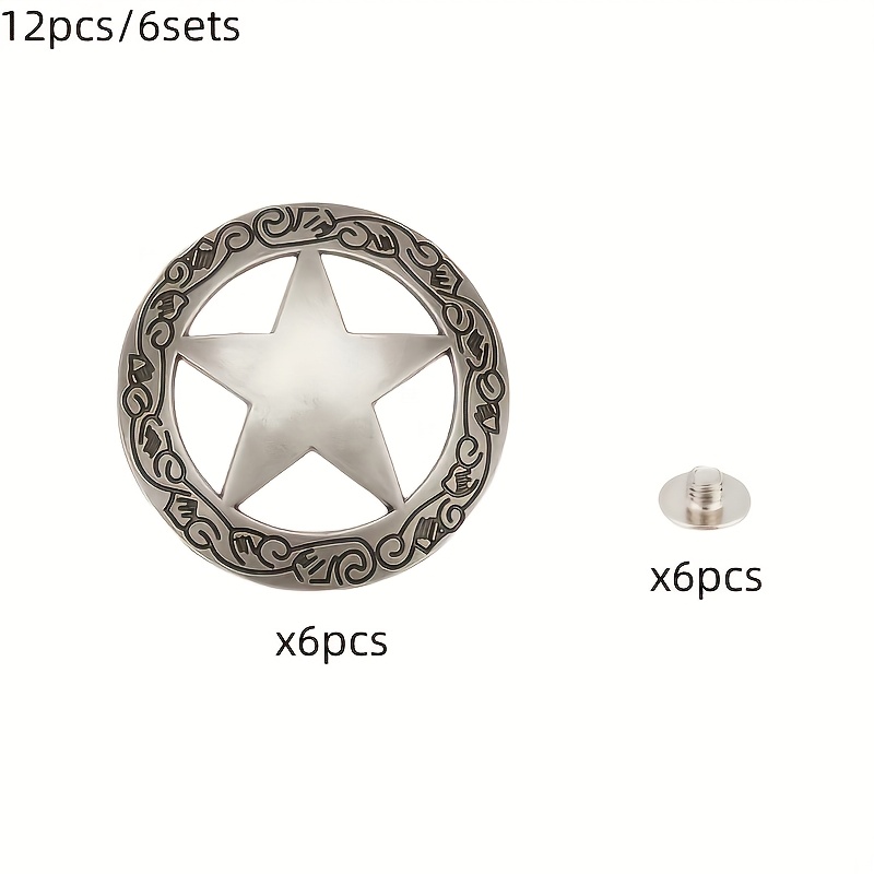 12pcs/6-set Screw Back Buttons, Engraved Hollow Decorative Buttons, Round Vintage Silvery Metallic Pin Replacement Casting, Western Rodeo Diy Craft Accessories