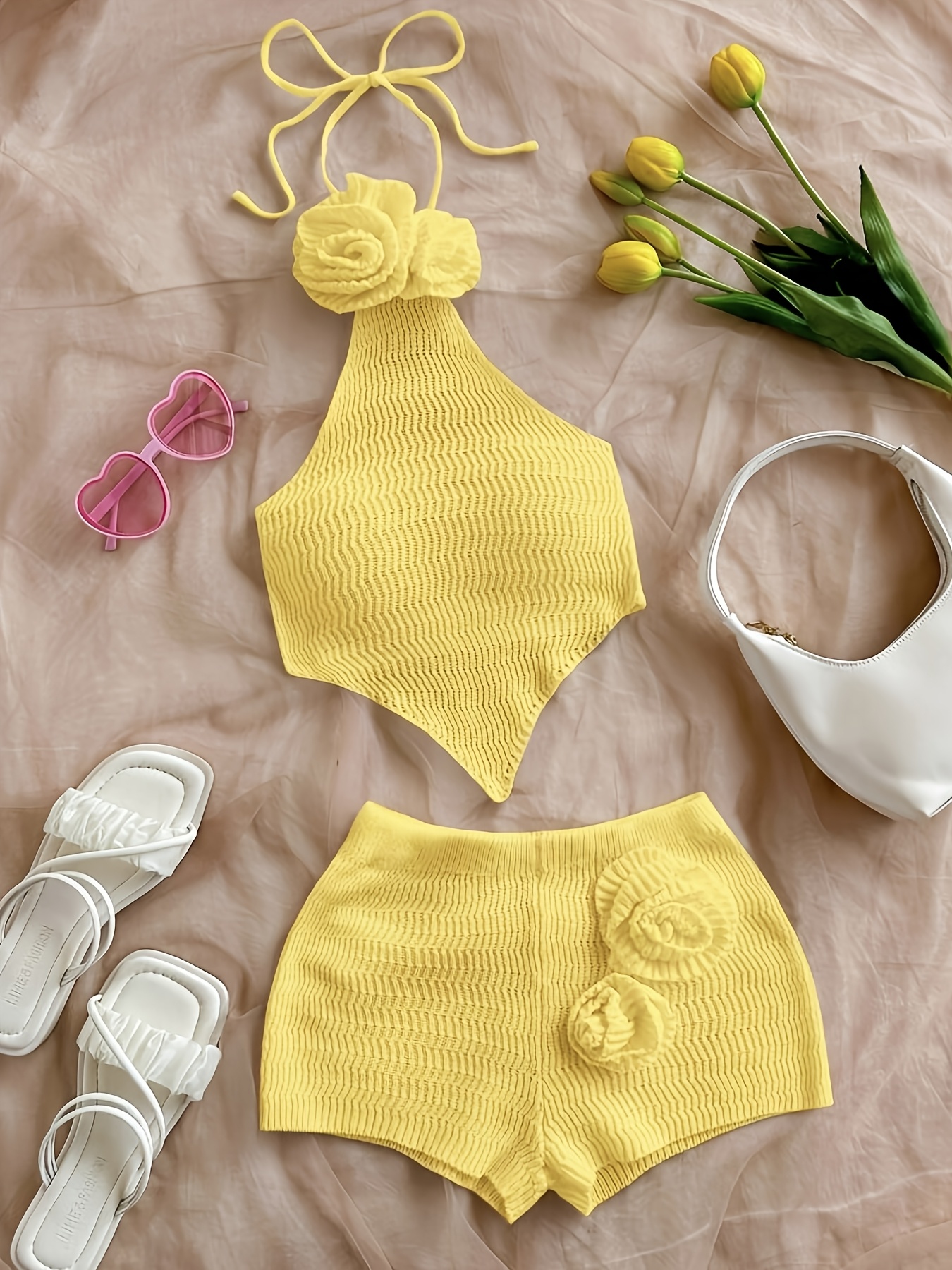handmade 3d floral halter neck vest with   scarf   backless belly band   short shorts     fabric two piece set summer   Product details 5