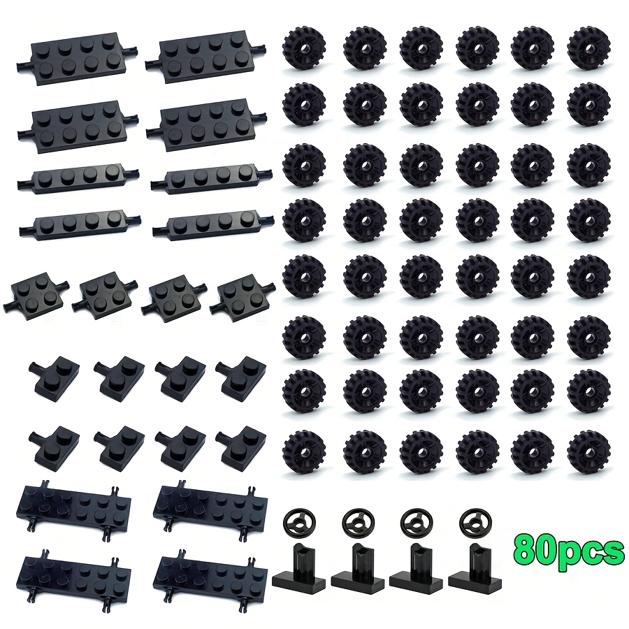 Image of 48/80pcs Mini Shaft Plate Axles Pack Set Car Tires Building Blocks Technical Part Truck Vehicle Additions Brick Toy