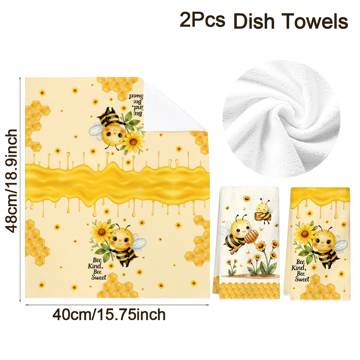 TEMU Lot de 2 torchons de cuisine à motif abeille, et miel, 40x48cm, chiffons de vaisselle en polyester , décorations de cuisine, décoration de table