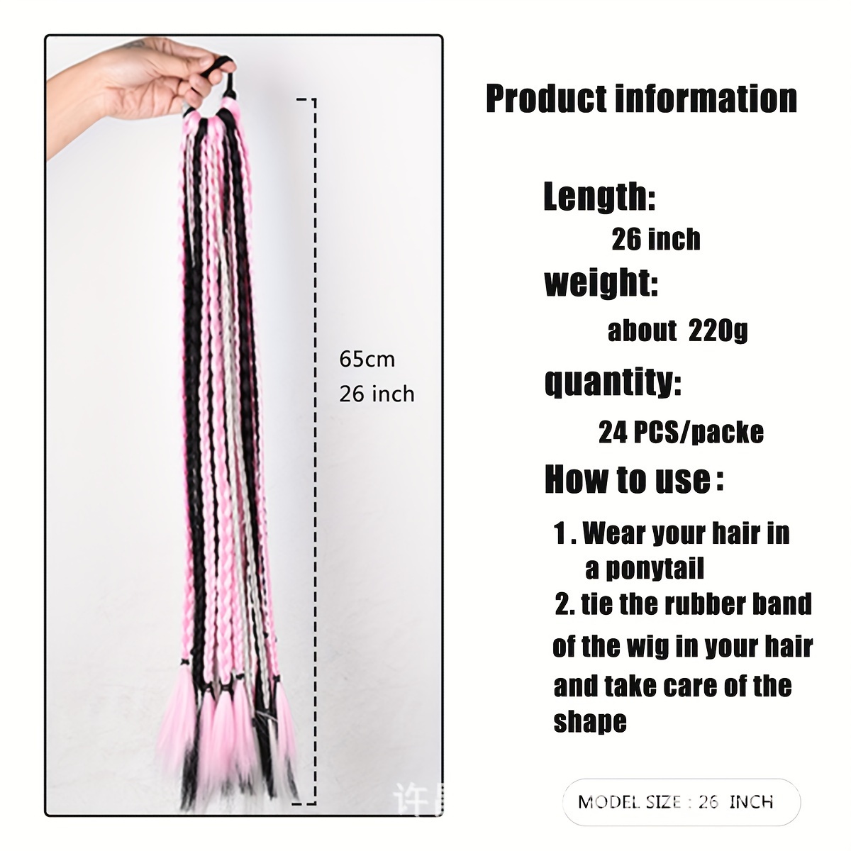 24 strand box braided ponytail extension for women high temperature synthetic hair with elastic band versatile straight style in black white hair accessories details 2