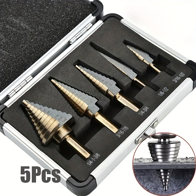 

5pcs Steel Cobalt Step Drill Bit Set With Aluminum Case For Metal And Wood