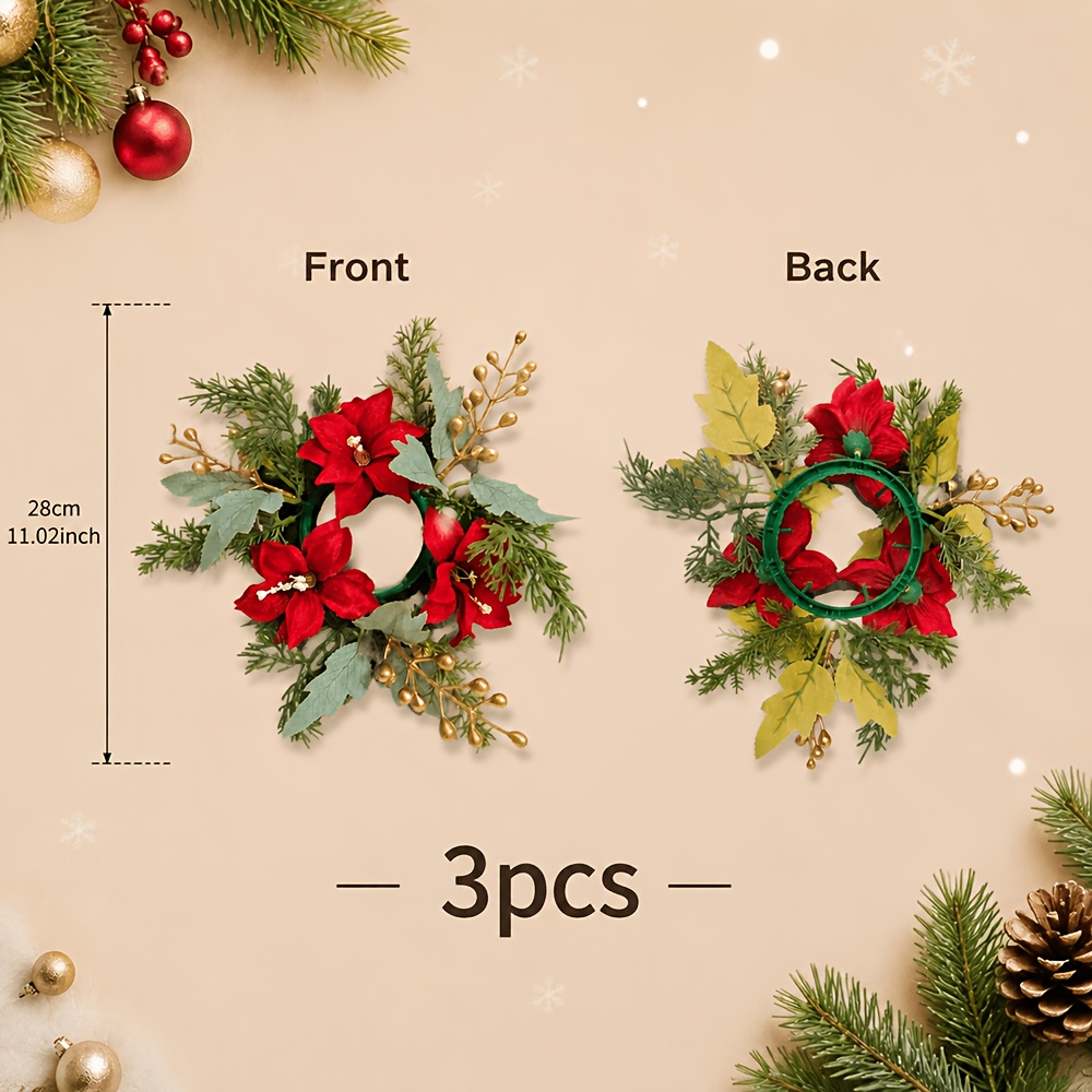 TEMU 3pcs Christmas Candle Garland Artificial Poinsettia Wreath Of Fake Needles Candlestick Holders Small Wreath Ring For Kitchen Home Fireplace Wall