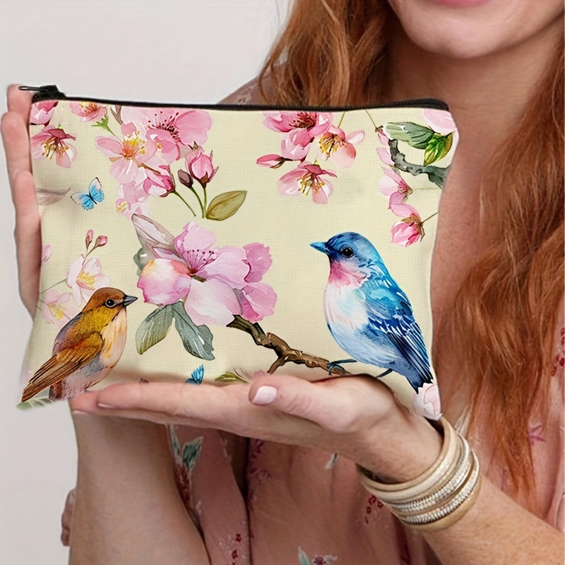 

Floral Bird Makeup Pouch, Linen Polyester Double-sided Cosmetic Bag, Portable Travel Toiletry Organizer, Reusable Zippered Accessories Storage, Gift For Friends And Women