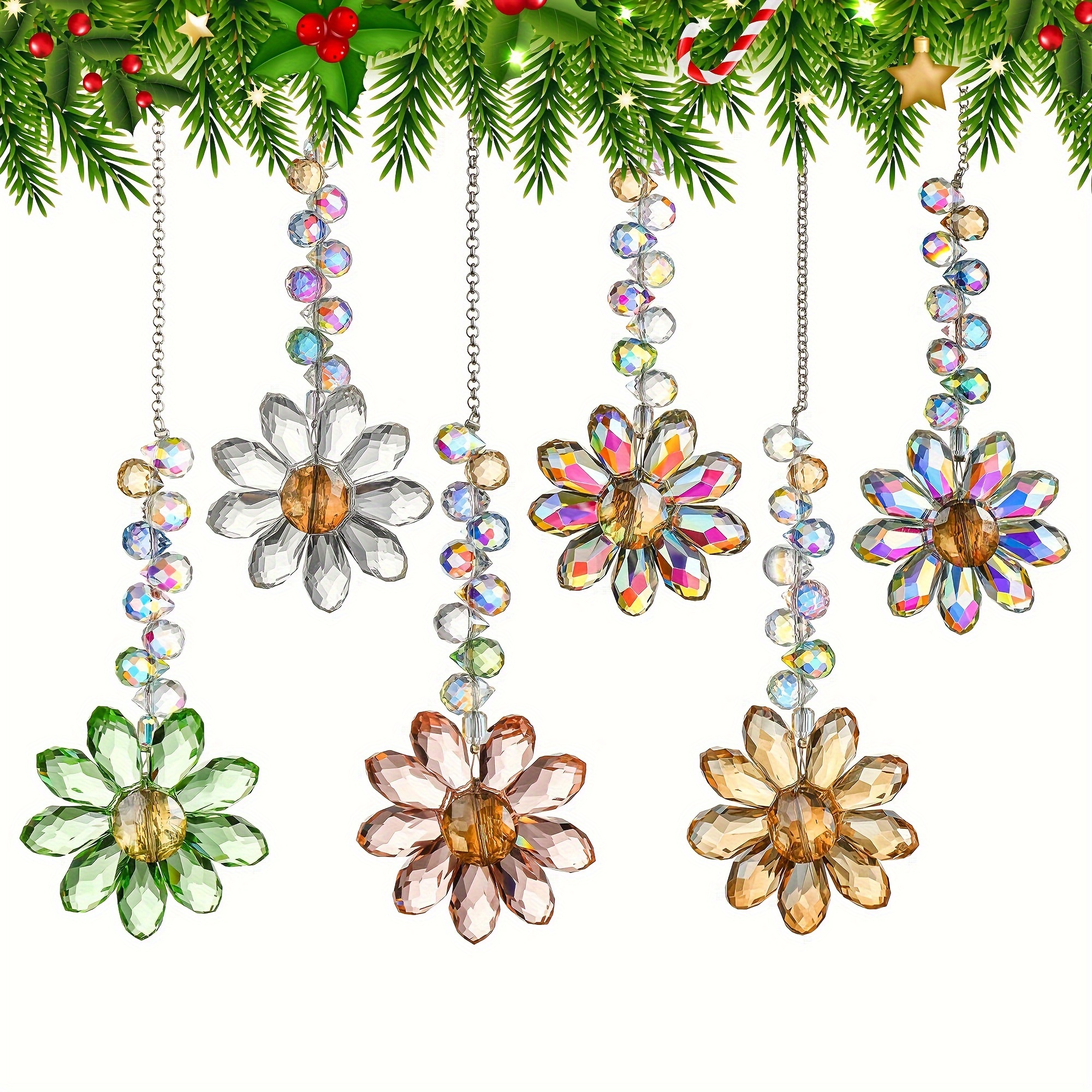 E-shop 6er-Set Glas Kristall Blumen Sonnenfänger Weihnachts Schneeflocken Blumen Dekorationen - Multicolor Sonnenblumen Prisma Hängeornamente, Geeignet