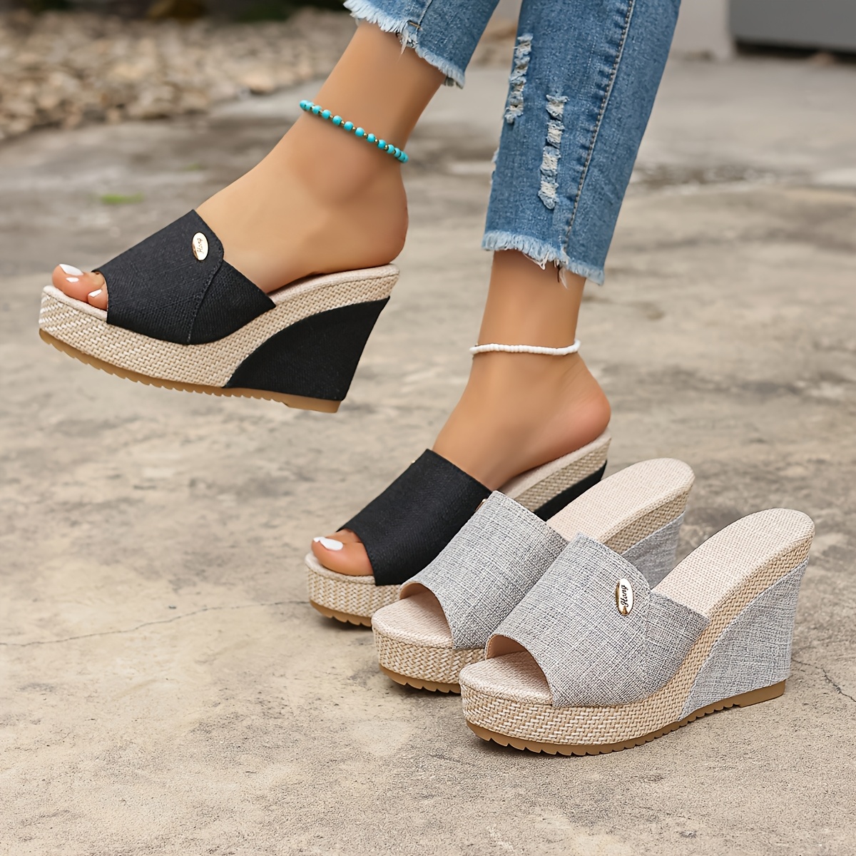 

Women's Fabric Wedge Slides, Solid Color Open Toe Slip-on High Platform Heel Sandals, With And Inner Material, For Summer Fashion