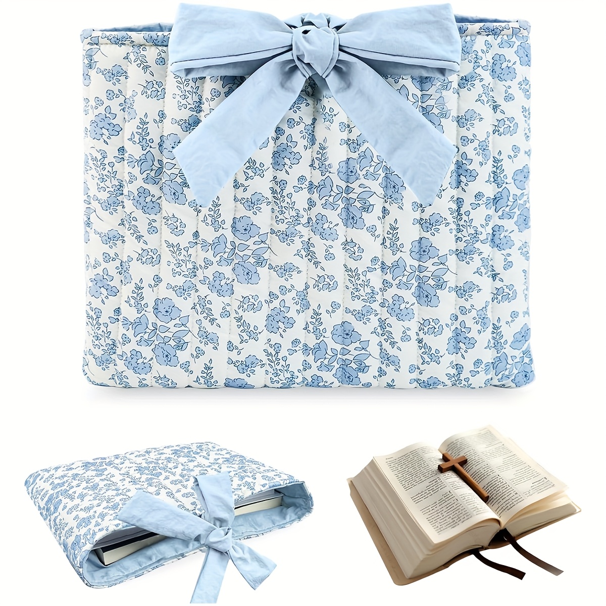 Floral Book Storage Bag With Bow Tie Quilted Small Cloth Bag With Large Capacity Cosmetic Bag, Versatile, Practical And Lightweight