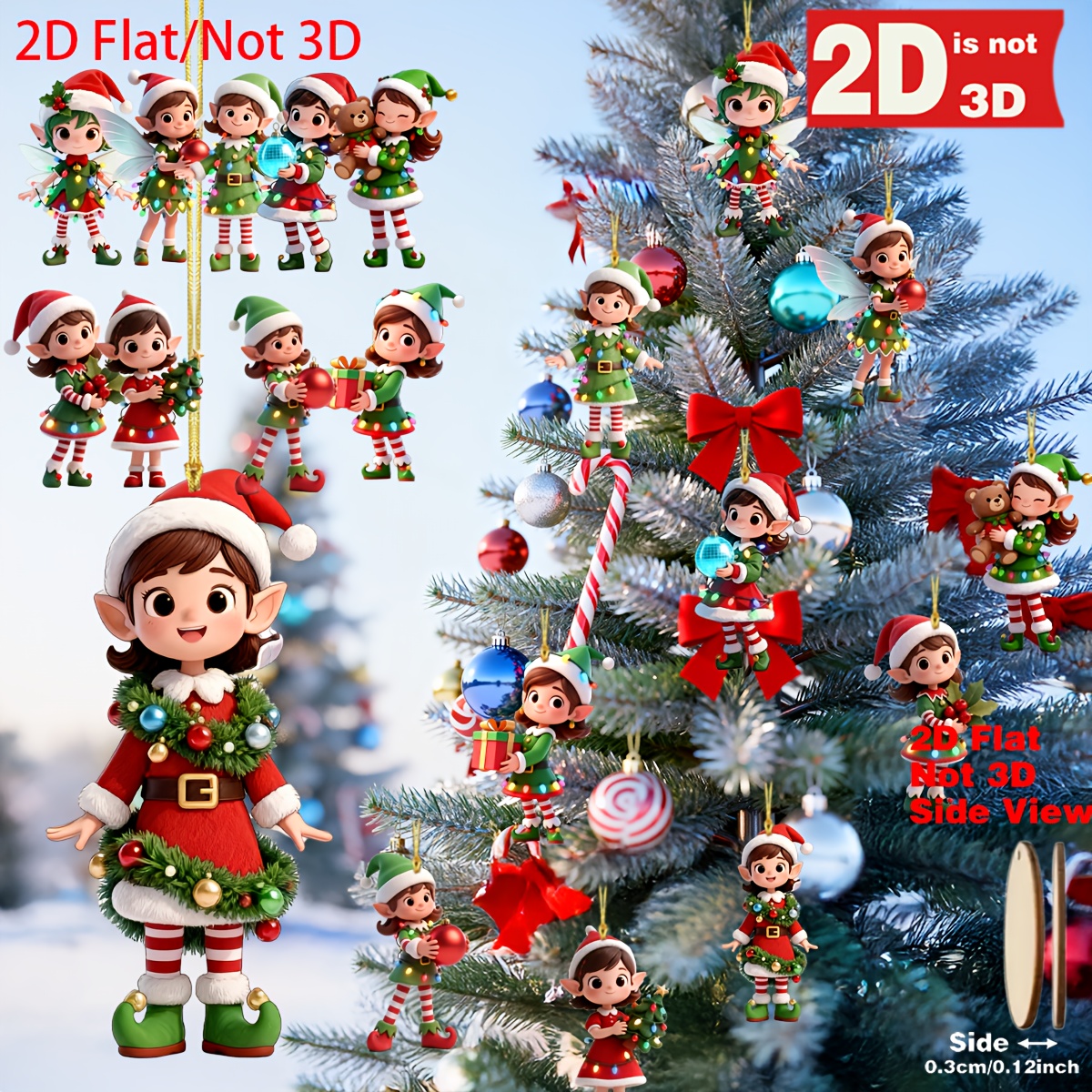 TEMU 2d Flat 10pcs Colorful Artificial Wooden Christmas Female Elf Hanging Ornaments, Christmas Gifts With Santa Hats, Christmas Tree Garlands And