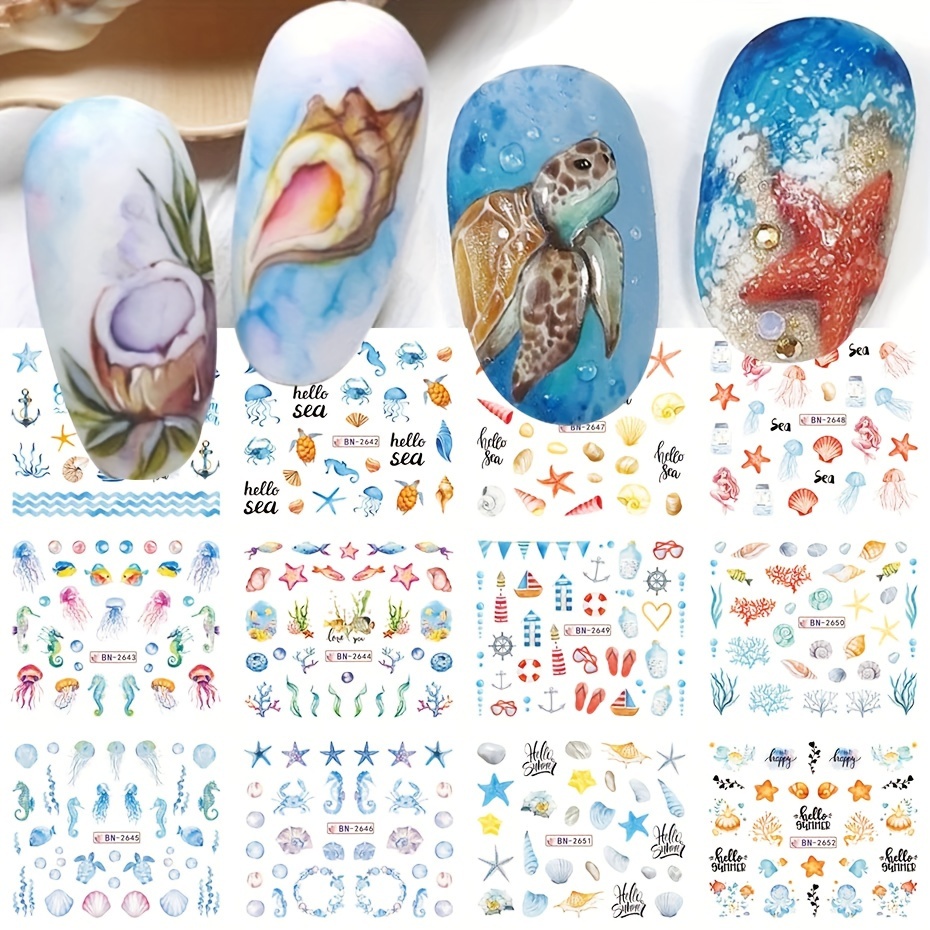 12pcs Ocean Nail Art Stickers - Colorful Conch, Starfish & Jellyfish Designs | , Self-adhesive Decals For Manicure