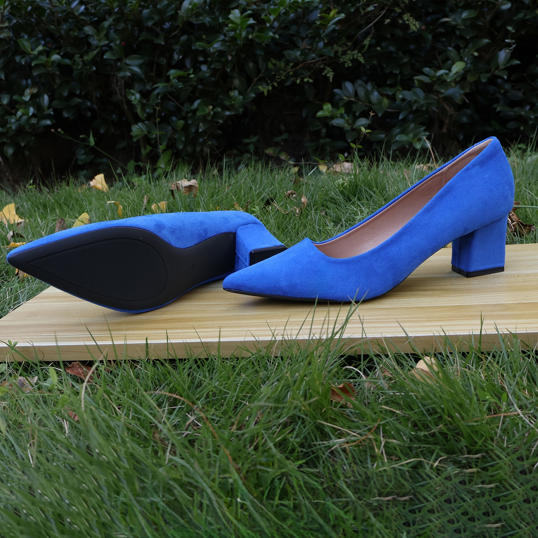 womens comfortable pointed toe chunky heels solid color slip - Temu