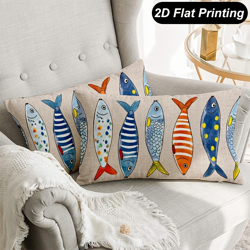 TEMU Housse de coussin lombaire 2D plate - 2 pièces, impression 2D plate, coussin poisson coloré pour intérieur/extérieur, décoration de ferme,