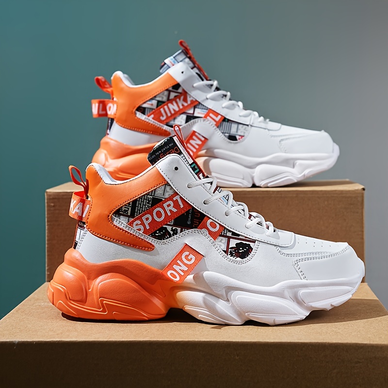 Zapatillas casuales de caña alta para hombre con patrón aleatorio, ajuste universal, cierre de cordones, uso para todas las estaciones, punta redonda, suela de PVC, plantilla de tela y parte superior de imitación.