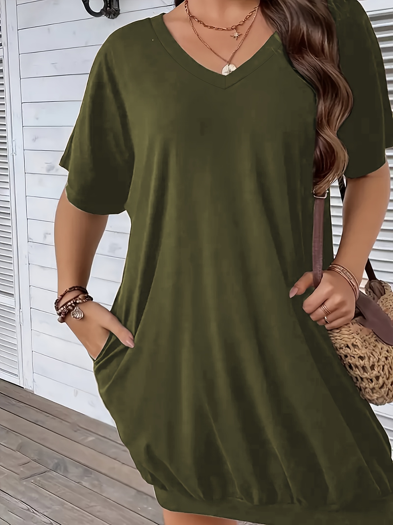 plus size v neck t shirt dress elegant pocket short sleeve - Temu Mauritius