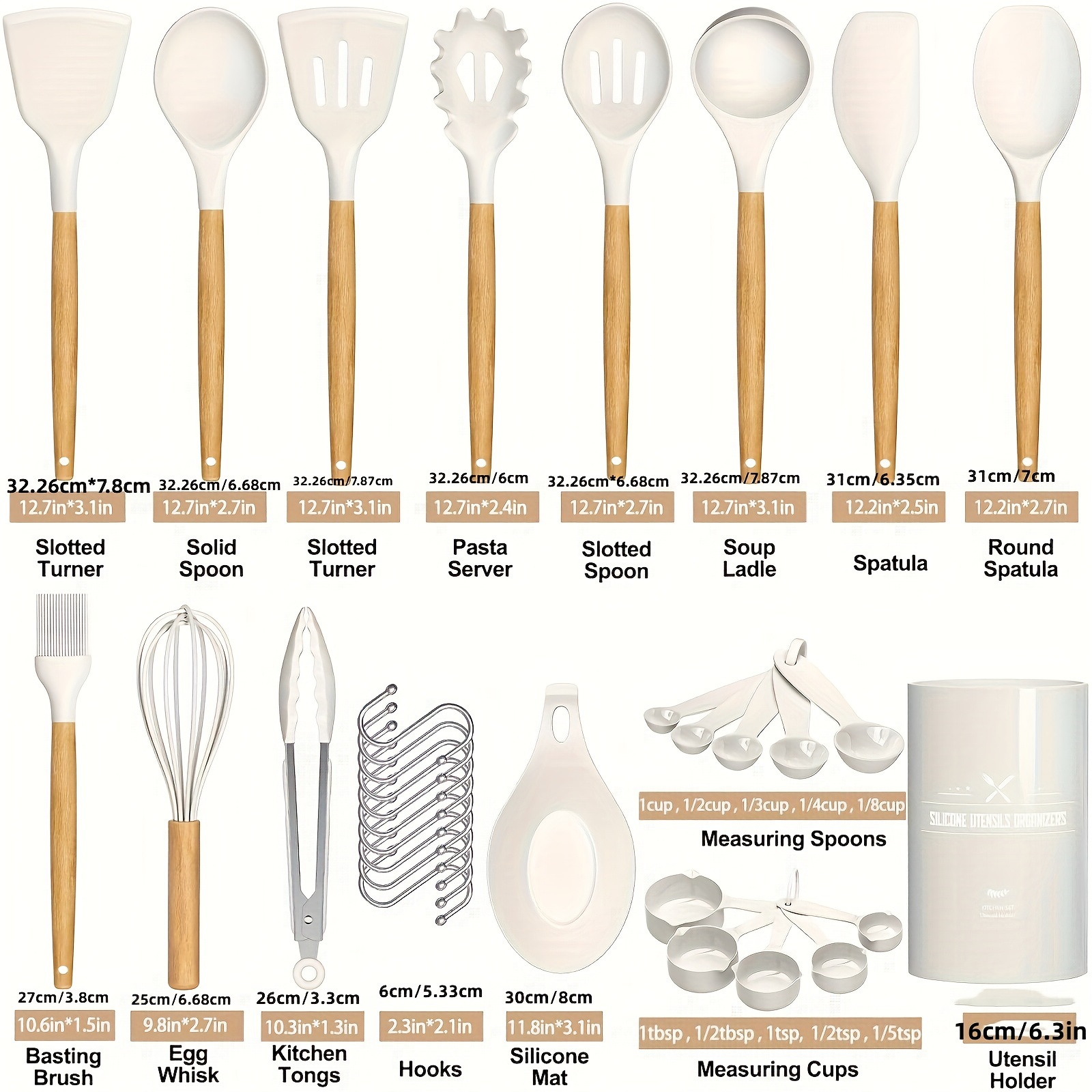 34 piece silicone kitchen utensil set with wooden handles heat resistant non stick cookware essentials by     spatulas spoons and measuring cups ideal for easter thanksgiving st patricks celebrations dishwasher safe with convenient storage holder details 9