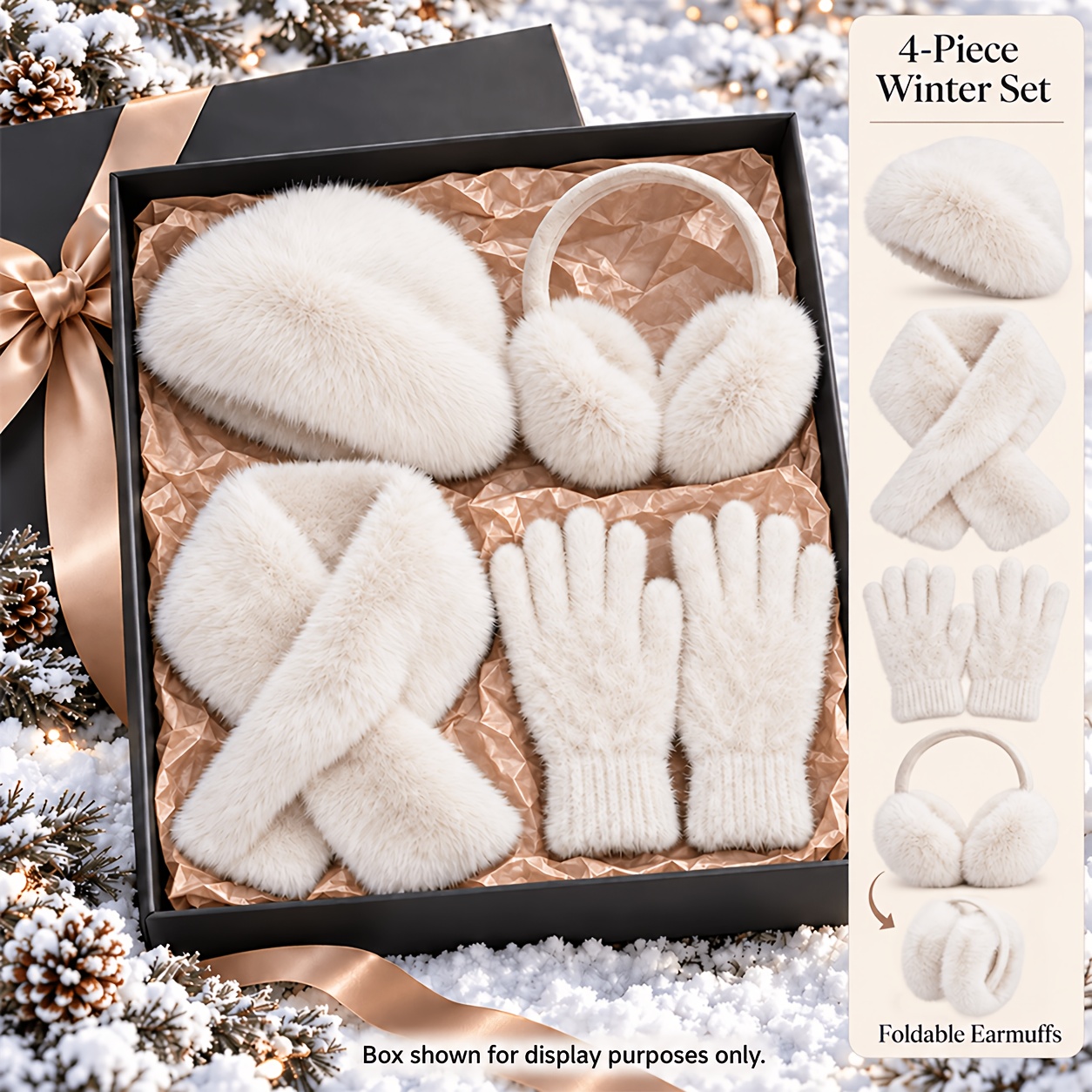 TEMU Ensemble d'hiver chaud en peluche 4 pièces : ensemble bonnet, écharpe, cache-oreilles et gants, doux et hypoallergénique, cadeau de Noël et du
