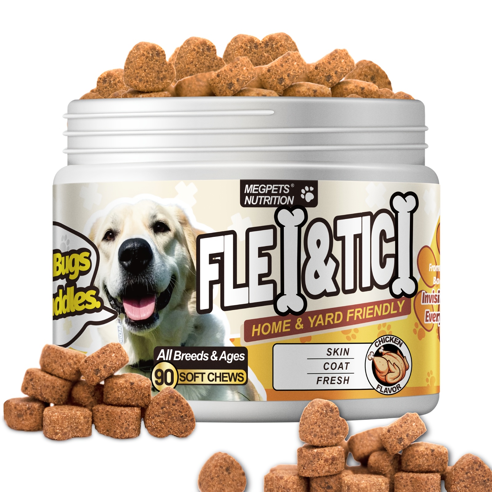 TEMU Megpets Nutrition Fle And Tic Health For Dogs | With Coconut Oil, Yeast & -3 | All Breeds & Ages | Flavor, 90/ 180/ 270 Count