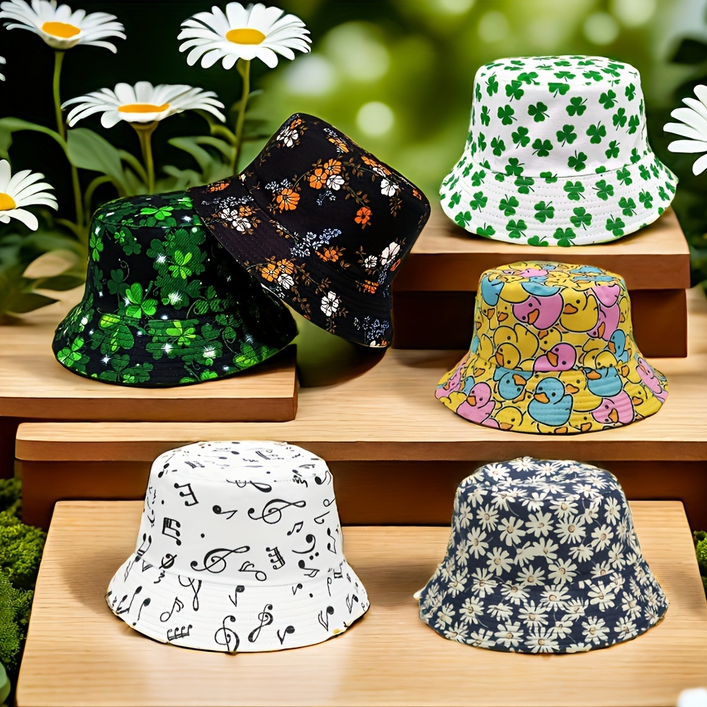 

1pc Reversible Bucket Hat | Dual-side Wear Basin Hat With Floral & Clover Print | Spring/summer Outdoors Sun Protection Fisherman Hat | St. Patrick's Day Unisex Casual Cap