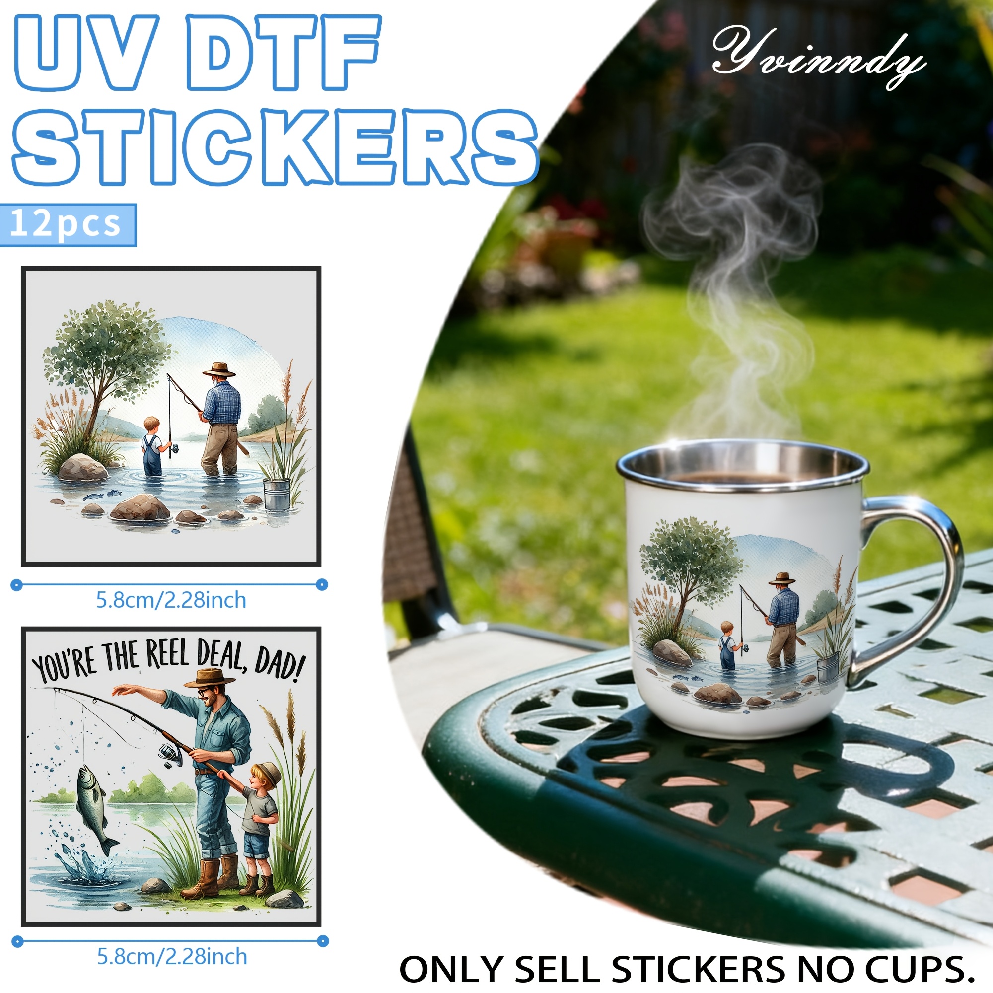 TEMU Set Of 12 Fishing Made From High-quality Uv Dtf Materials. Handmade Transfer Are Highly Adhesive, Waterproof, And Scratch-resistant, Featuring A