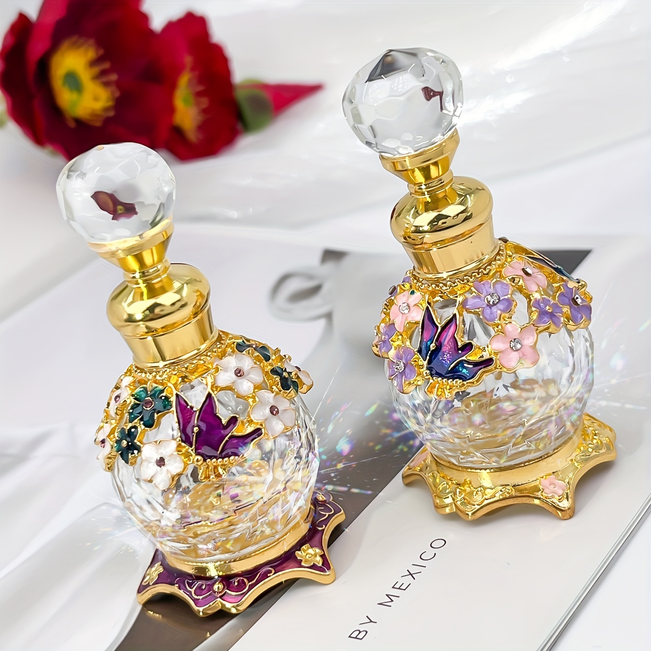 

15ml Vintage Embroidered Multi-colour Tattoo Perfume Bottle, Travel Essential Oil Dispenser Bottle With Diamond Pattern On Glass Body (no Perfume, Empty Bottle Only)