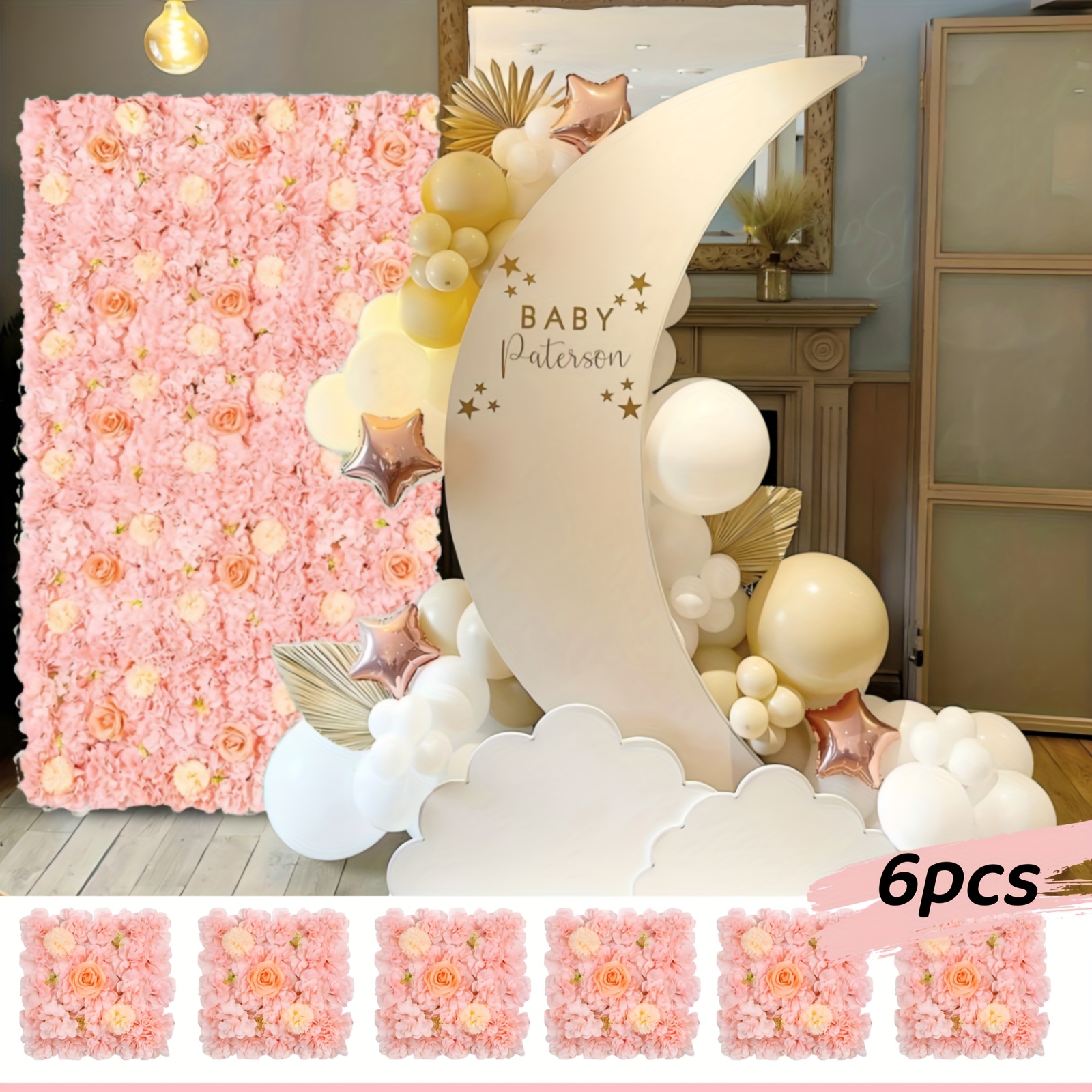 Pared de Flores Artificiales 2D * 6/12 Paneles, Diseño Floral Melocotón 5ft  X 3.74ft para * Baby Shower y Decoraciones de Fiestas * R, image size:1600x1600
