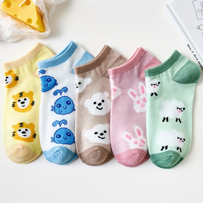 

5 Pairs Cute Animal Cartoon Print Socks, Comfy & Breathable Short Socks, Women's Stockings & Hosiery