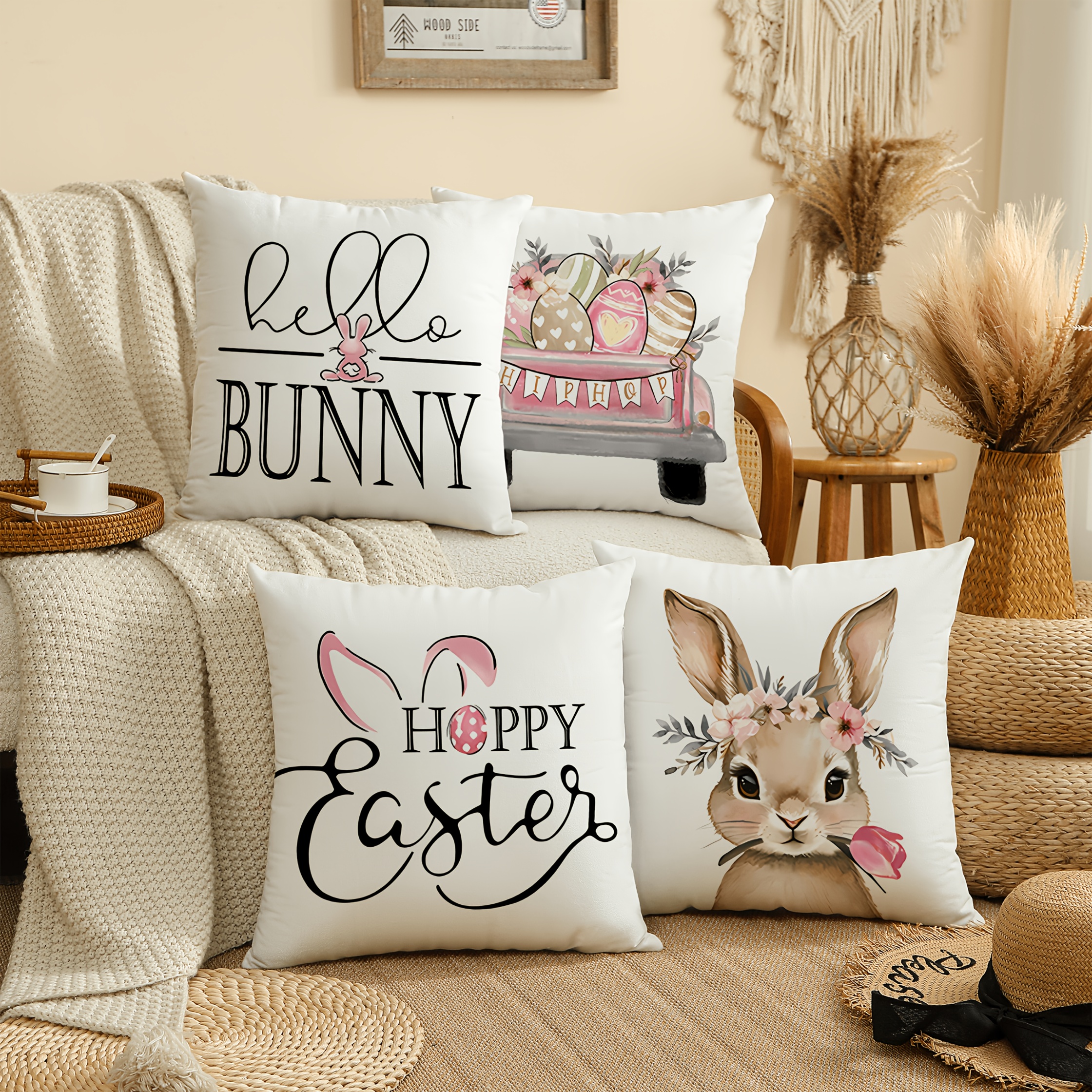 

Easter Pillow Covers, 18x18 Inches, Bunny And Egg Pattern, Linen Textured Pillow Covers For Sofa And Home Decor, Machine Washable Rustic Decorative Pillow Covers, 1 Set Of 4 (fillers Not Included)