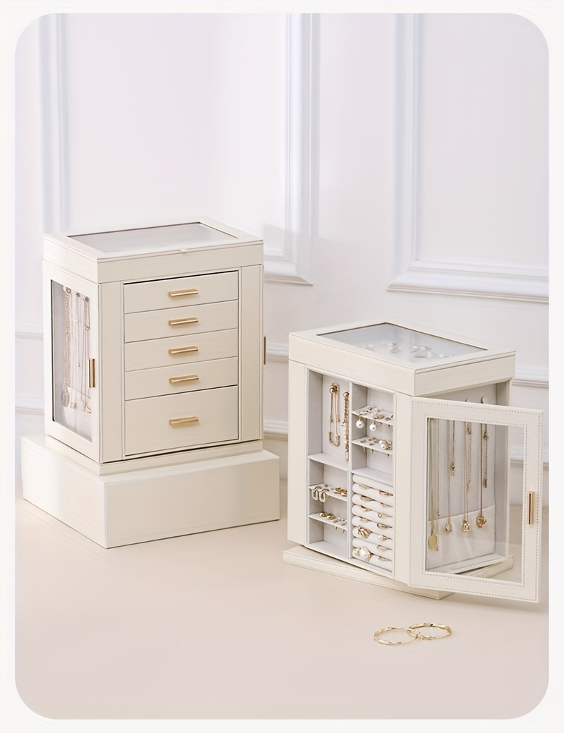 1pc   360 rotating jewelry organizer   drawer large capacity   leather storage with transparent   modern elegant design for necklaces rings earrings watches perfect gift for women valentines day mothers day birthday necklace display     construction home decor lovers jewelry boxes Product details 10