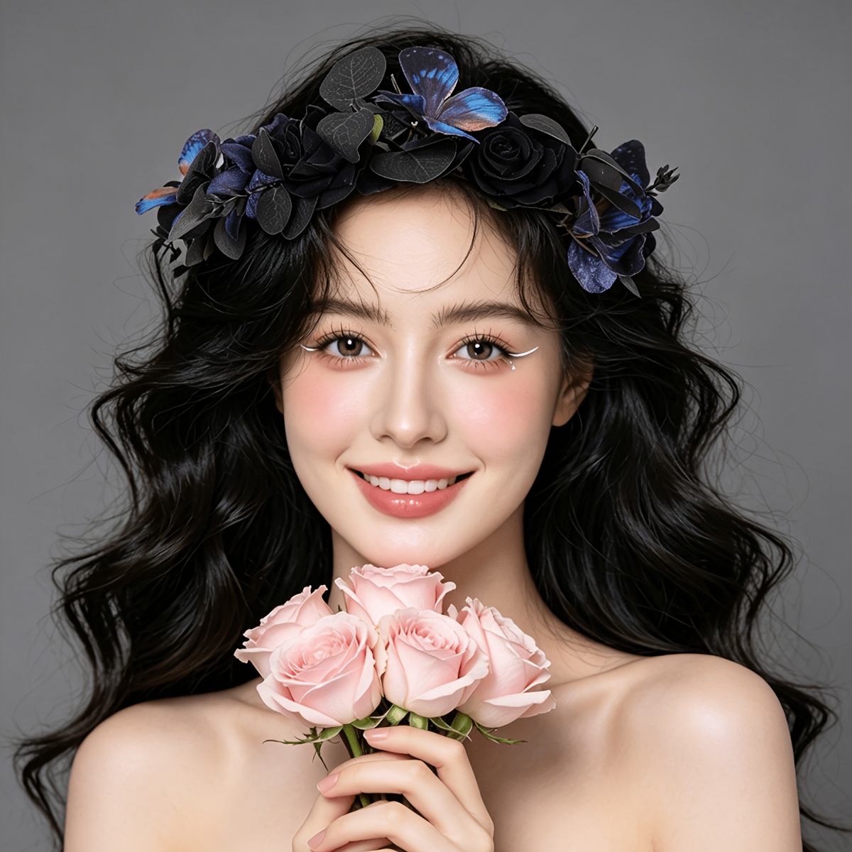 Gothic Black Rose & Butterfly Wreath Headpiece