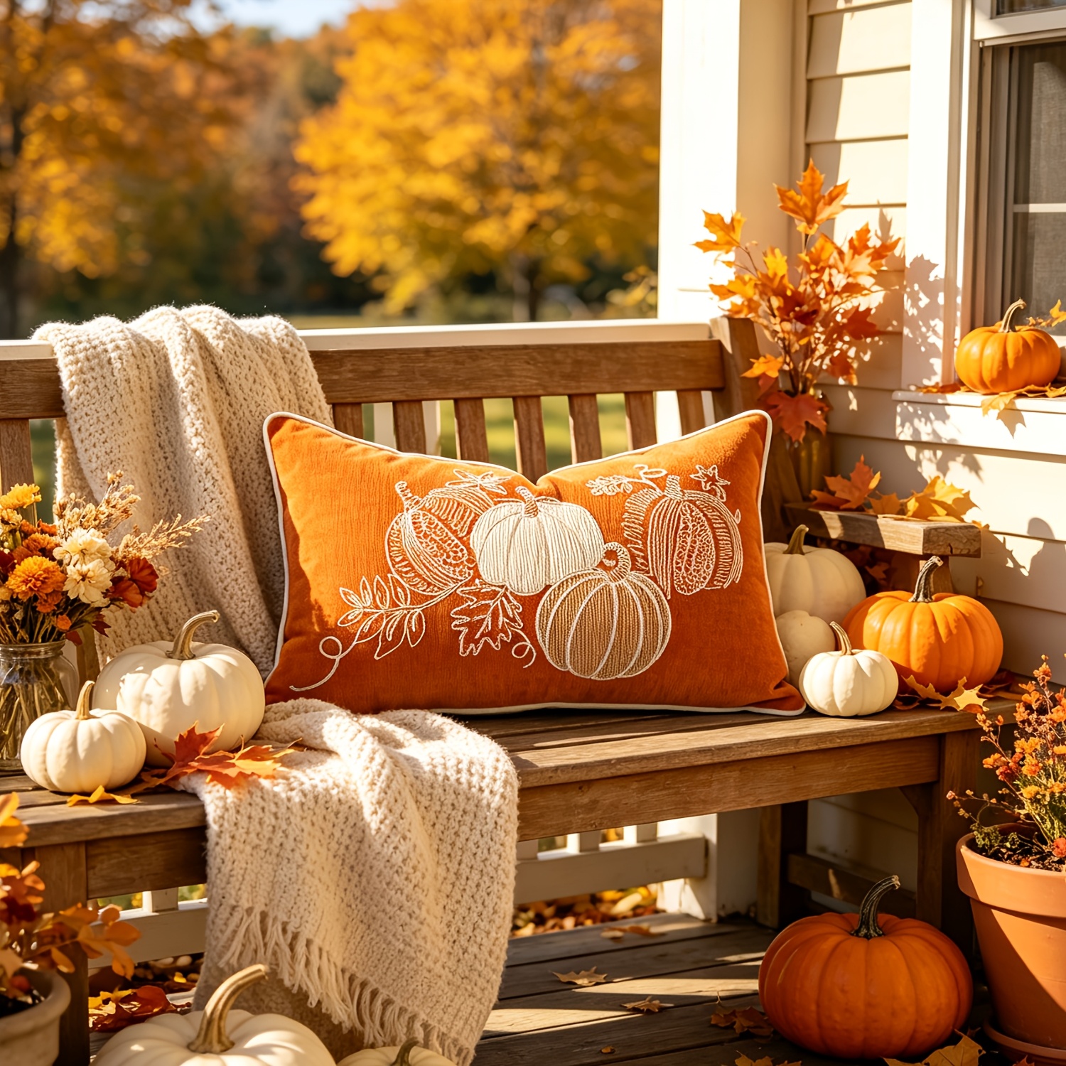 TEMU 1 pièce Housse de coussin décorative citrouille orange et beige pour Halloween, velours , décoration de Thanksgiving, décoration de récolte
