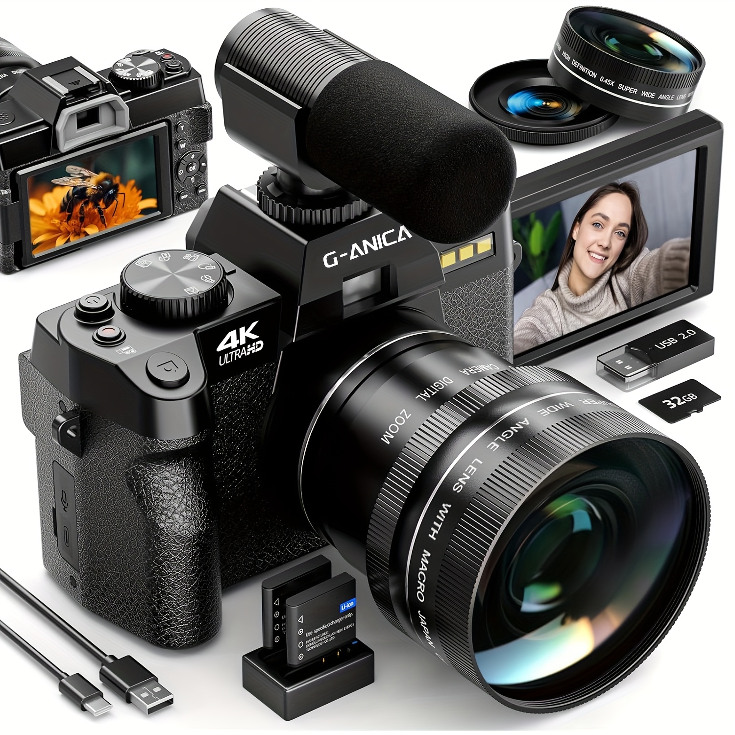 TEMU G-anica 4k 48mp Digital Camera With 16x Zoom, 4k/60fps Video, 3" 180° Foldable Screen, With Wide Angle/macro Lens + 2 Batteries (32gb Card +