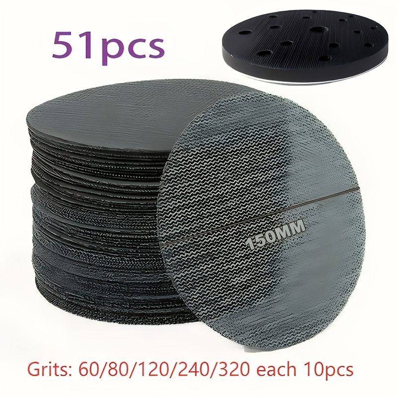51pcs 6 Inch Mesh Sandpaper Grinding Set, Includes 50pcs 6 Inch (150mm) Mesh Sanding Discs With 1pc 6 Inch Buffer Polishing Pad, Suitable For Woodworking, 60/80/100/120/150/180/240/320/400 - Dust-free