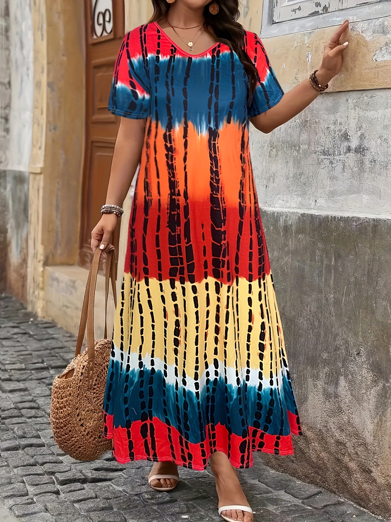 plus size womens casual v neck tie dye dress - Temu Australia