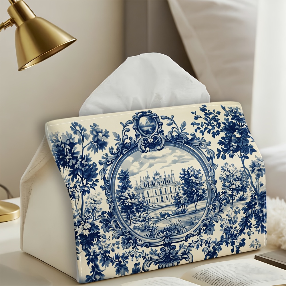 TEMU 1 pièce, Boîte à mouchoirs, Porte-boîte à mouchoirs vintage style toile de française et blanc avec un motif de paysage floral, Distributeur en