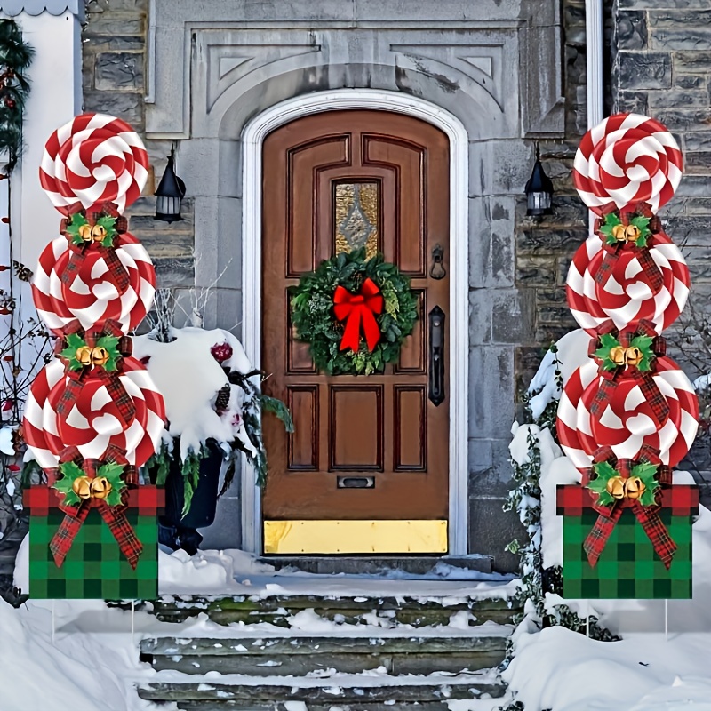 

de 8 Panneaux de de à Carreaux Rouges Nœud en Canne à - Décorations Extérieures en Plastique Pelouse et , Pas d'Électricité , les Fêtes d'Année