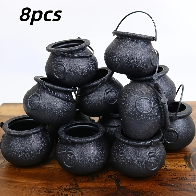 Image of 8pcs Pack 8pcss Small Black Plastic Cauldron Bowls - Classic Witch Suitable For Halloween & Decorations, Indoor/outdoor Table Centerpieces, Pot For Parties, Plastic Jars For Festive Tableware