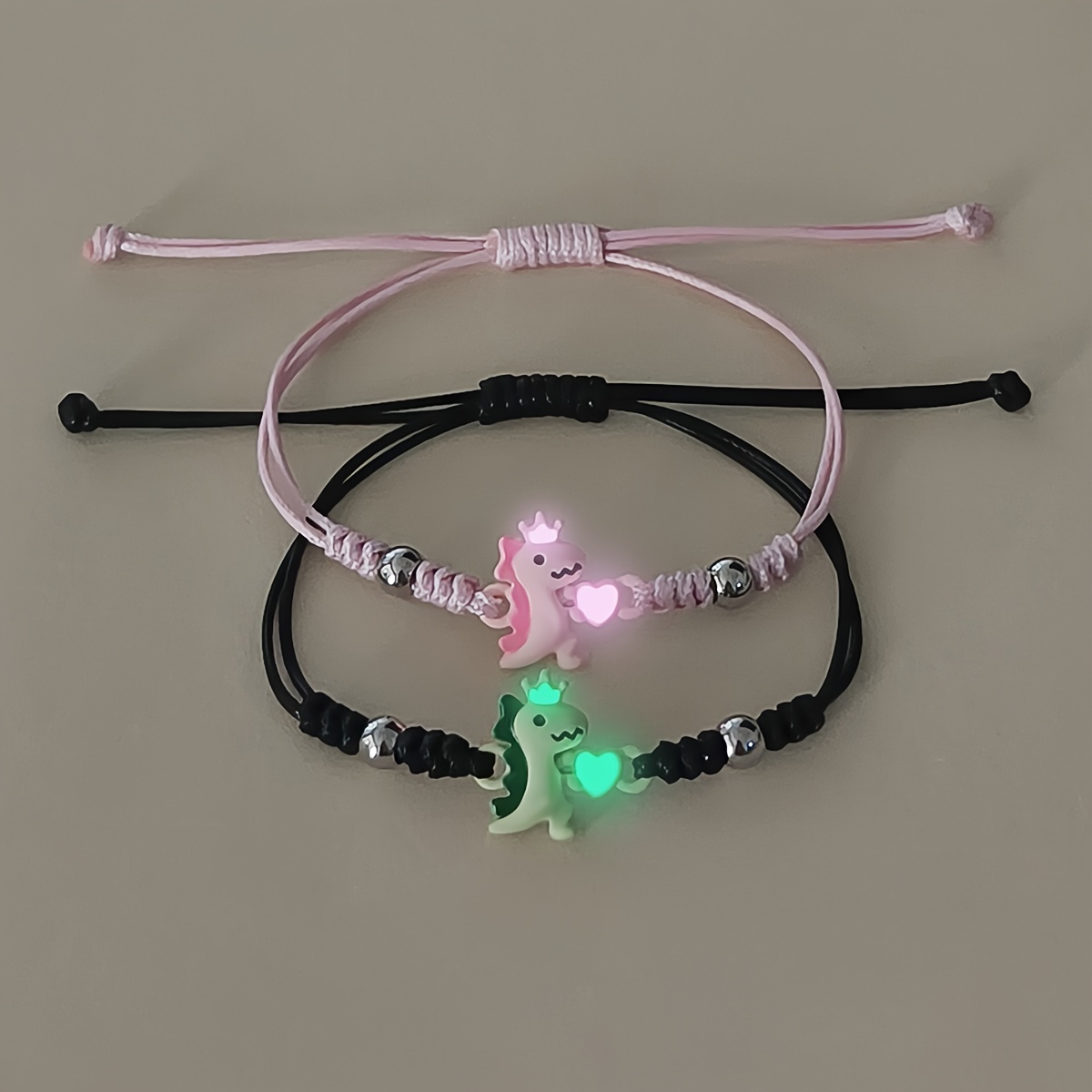 TEMU 2pcs Set Of -the-dark Small Heart Accessories And Dinosaur-shaped Couple Bracelets, Women's Fashion Couple Gift Jewelry