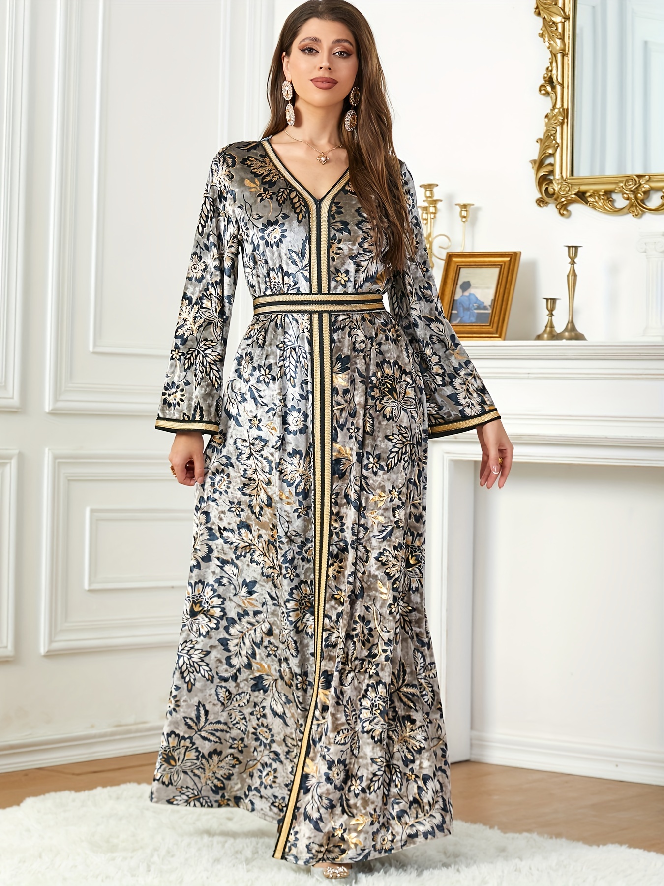 floral print long sleeve kaftan dress elegant lace trim v - Temu United  Arab Emirates