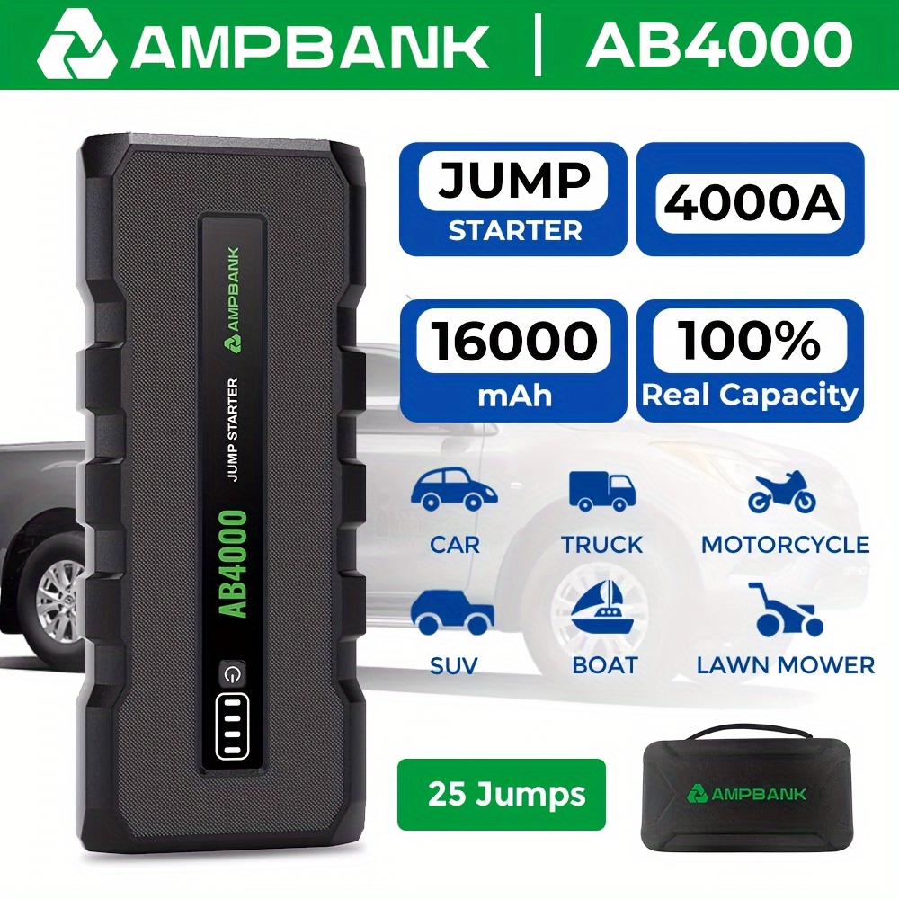 

Jump Starter, 4000a Battery Jumper Starter Portable, 12v Car Battery Jump Starter For Up To 10l Gas/8l Diesel Engines, Jump Pack With Jumper Cables And Eva Protection Case (ab4000)