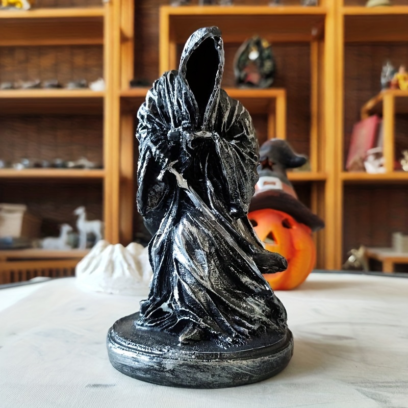 Image of Gothic Reaper Resin Sculpture - Spooky Black Robe Figure For Halloween & Easter Decor, Mysterious Dark Home And Garden Ornament, Versatile Indoor/outdoor Use, Goth Accessories