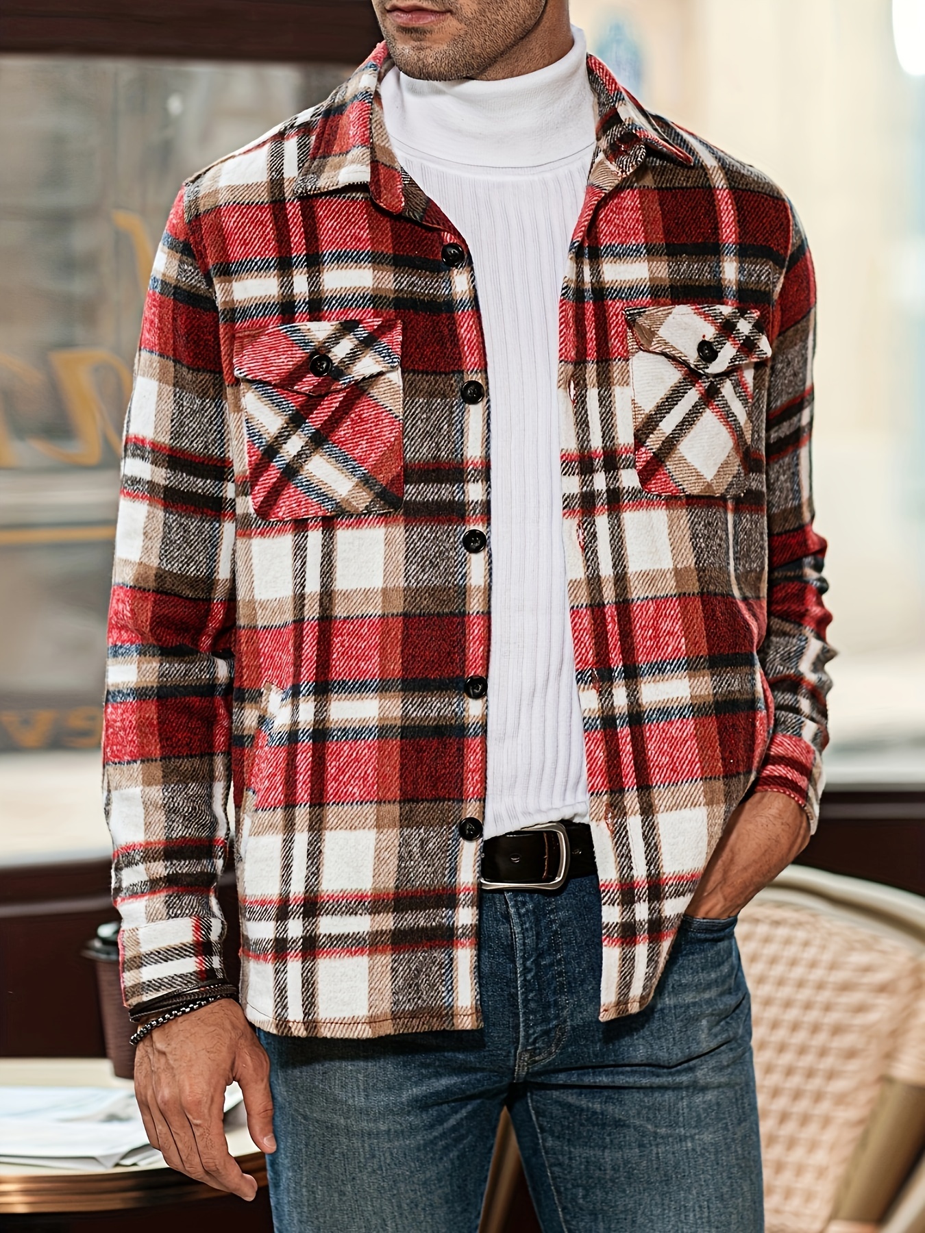 Men's Hooded Coat Casual Thicken Long Sleeve Plaid Work Flannel Button Down  Shirt Jacket 