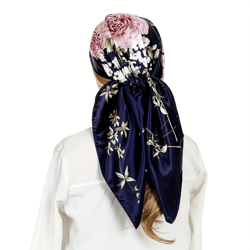 Boho Style Satin Printed Bandana for Women, cm Square Polyester Head  Scarf, Inelastic Windproof Hair Wrap, Decorative Knitted Fashion Accessory f