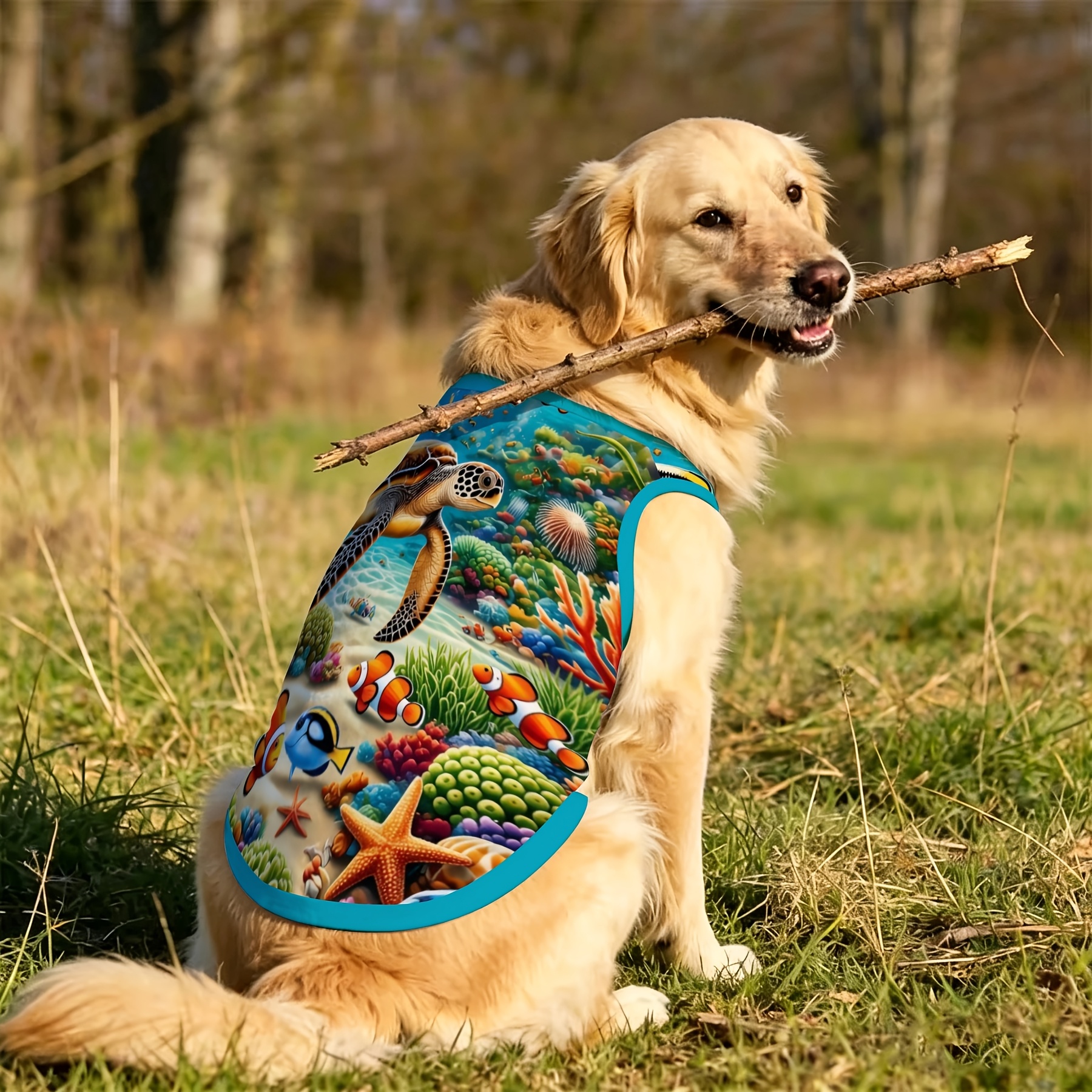 TEMU 1pc Of Kitten Small Medium Large Pet Vest, Underwater Turtle Coral Scenery Pattern Print, Suitable For Outdoor Activities And Daily Use, A