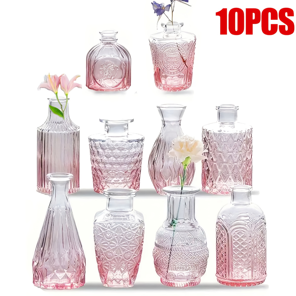 Collection Of -style Embossed Glass Vases Featuring Different Patterns, Ideal For Wedding Decor, Home And Table Floral Arrangements, Illustrations, Aromatherapy, Candles