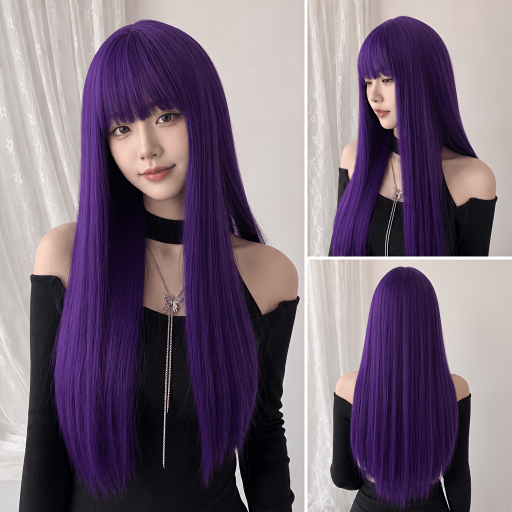 TEMU A Wig Suitable For All Adults With A Unique Deep Purple Bangs Style, Long Straight Hair Easy To Style And Increases Hair Volume. Role Play, ,
