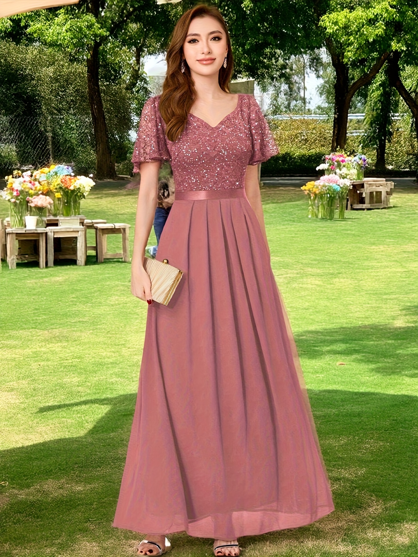 Artikelbild europäisches amerikanisches high-end abendkleid mit v-ausschnitt kurzarm,   für  , firmenjahrestreffen, gastgeberinnen, leicht luxuriöse gesellschaftliche anlässe, geburtstagsfeiern, brautjungfernkleider valentinstag-langkleider